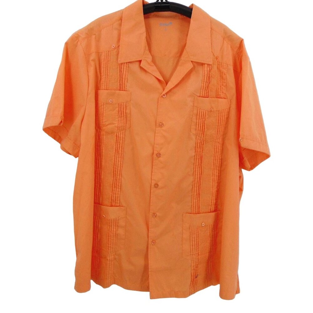 King Size KS Island Orange Guayabera Pleated Shirt 4XL Buttons Embroidered
